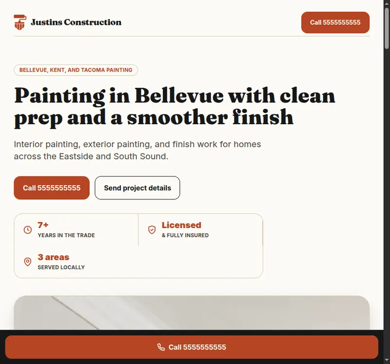 Justins Construction, a demo contractor website built by Aivex