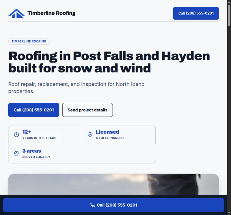 Timberline Roofing, a demo contractor website built by Aivex
